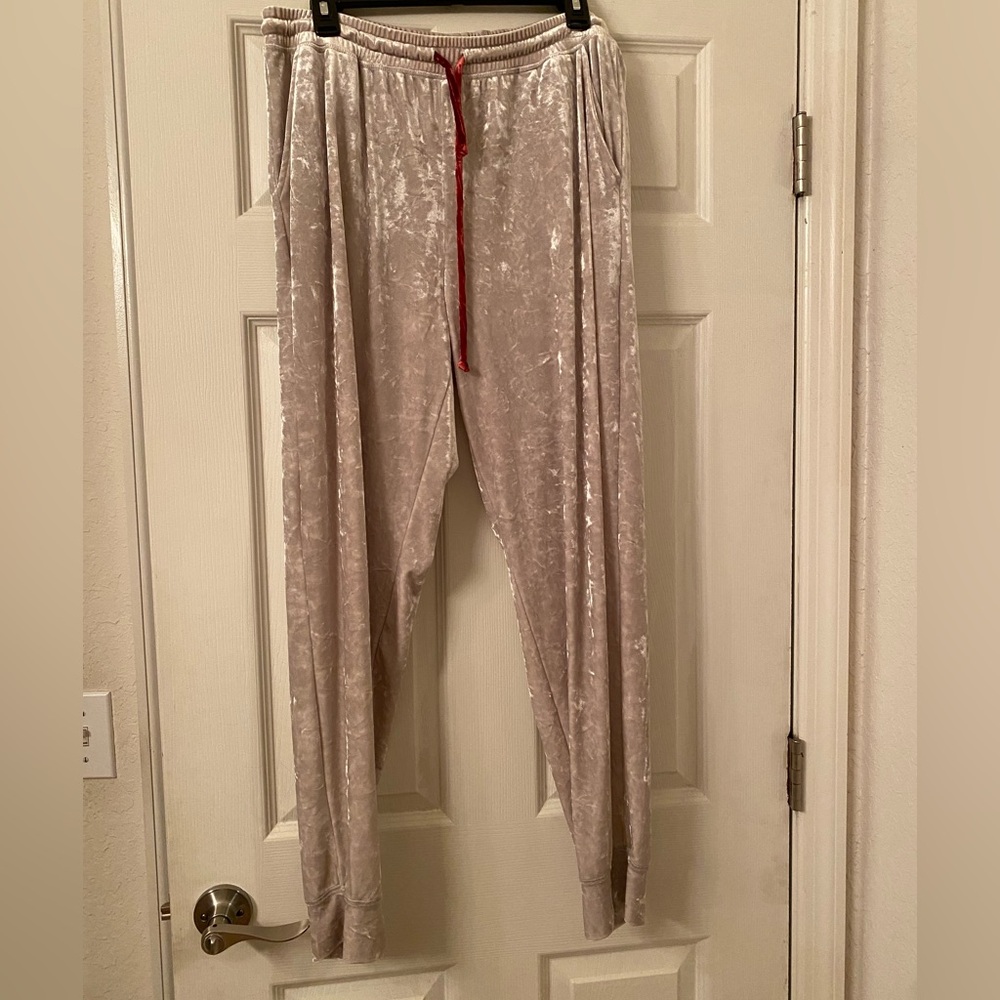 LuLaRoe Velvet Track Pants in Beige with Red Accent